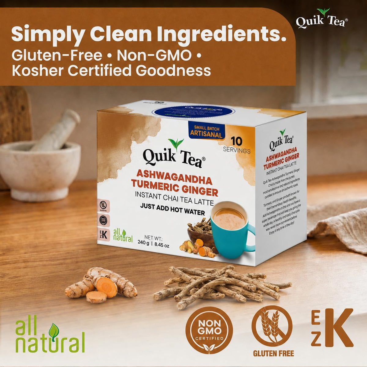 Quik Tea QuikTea Instant Chai Tea Latte Mix, Ashwagandha Turmeric Ginger, 10 Sachets
