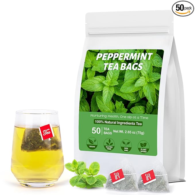 Peppermint Tea Bags - Natural mint leaves, Vegan & Gluten-Free Digestive Tea – Herbal Support for Digestion, Wellness & Refreshment (50 Counts