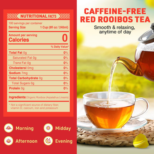 Rooibos Rocks Organic Rooibos Tea Bags - Caffeine-Free, 100 ct | USDA Organic • Microplastic-Free Tagless Pillow Tea Bags • Naturally Mildly Sweet Flavor • Hot or Iced