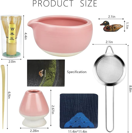 Artcome 7 Pcs Complete Matcha Ceremony Kit for Tea Ceremony, Bowl with Pouring Spout, Whisk, Tea Scoop, Matcha Powder Strainer, Matcha Tea Set For Making Usucha, Koicha and Matcha Latte (Pink)