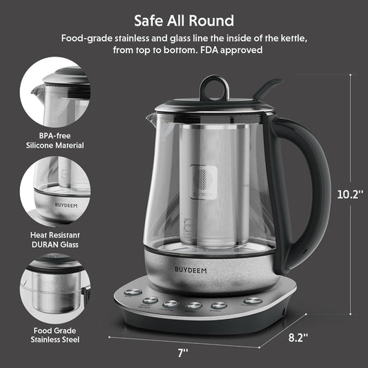 BUYDEEM K2423 Tea Maker, 5 Temperature Settings, Removable Infuser, 1.2L | 316 Stainless Steel, Heat Resistant DURAN® Glass Electric Kettle, Auto Keep Warm