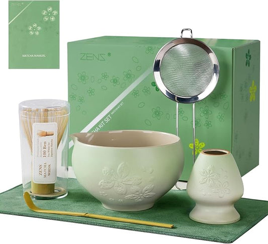 ZENS Matcha Whisk Set, Ceramic Matcha Tea Set with 15oz Sakura Bowl and Bamboo Whisk & Scoop, (Chasen Holder), Stainless Sifter-Tea Towel, 6pcs Matcha Kit for Matcha Lovers, Green