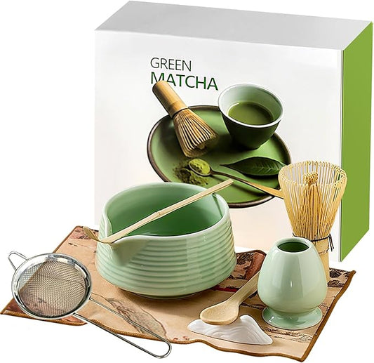 Matcha whisk Set, 8 PCS Ceramic Matcha Kit, Matcha Tea Set with Whisk, Ceramic Bowl, Sifter, Scoop, Holder, Stand, and Tea Towel, Gift for Matcha Lover
