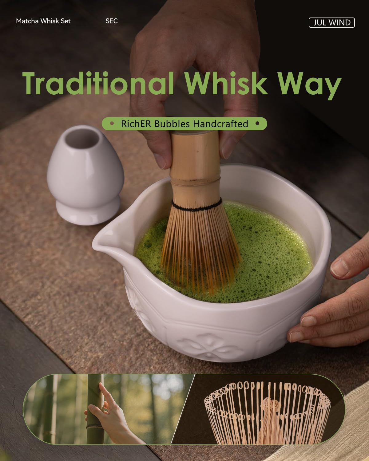 Matcha Whisk Set, Matcha Set Includes Bamboo Whisk, Ceramic Bowl | Holder, Spout, Bamboo Scoop, Sifter &amp; Tea Towel - 6 Pcs Matcha Kit Gift for Matcha Lovers Beginners