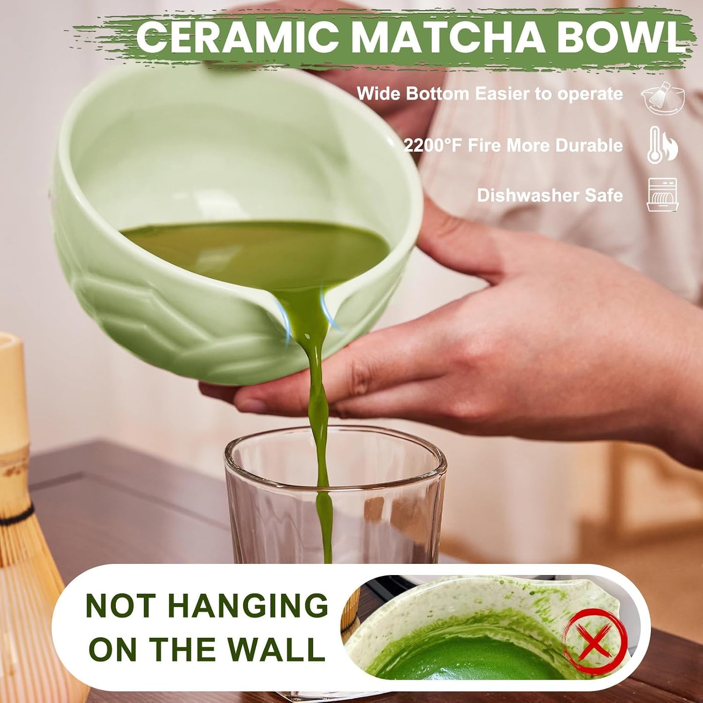 Matcha Whisk Set, Lotus Green Ceramic Matcha Set Includes Matcha Bowl, Matcha Whisk (Chasen) and Holder, Sifter, Bamboo Scoop &amp; Spoon - 6 Pcs Matcha Kit for Matcha Lovers