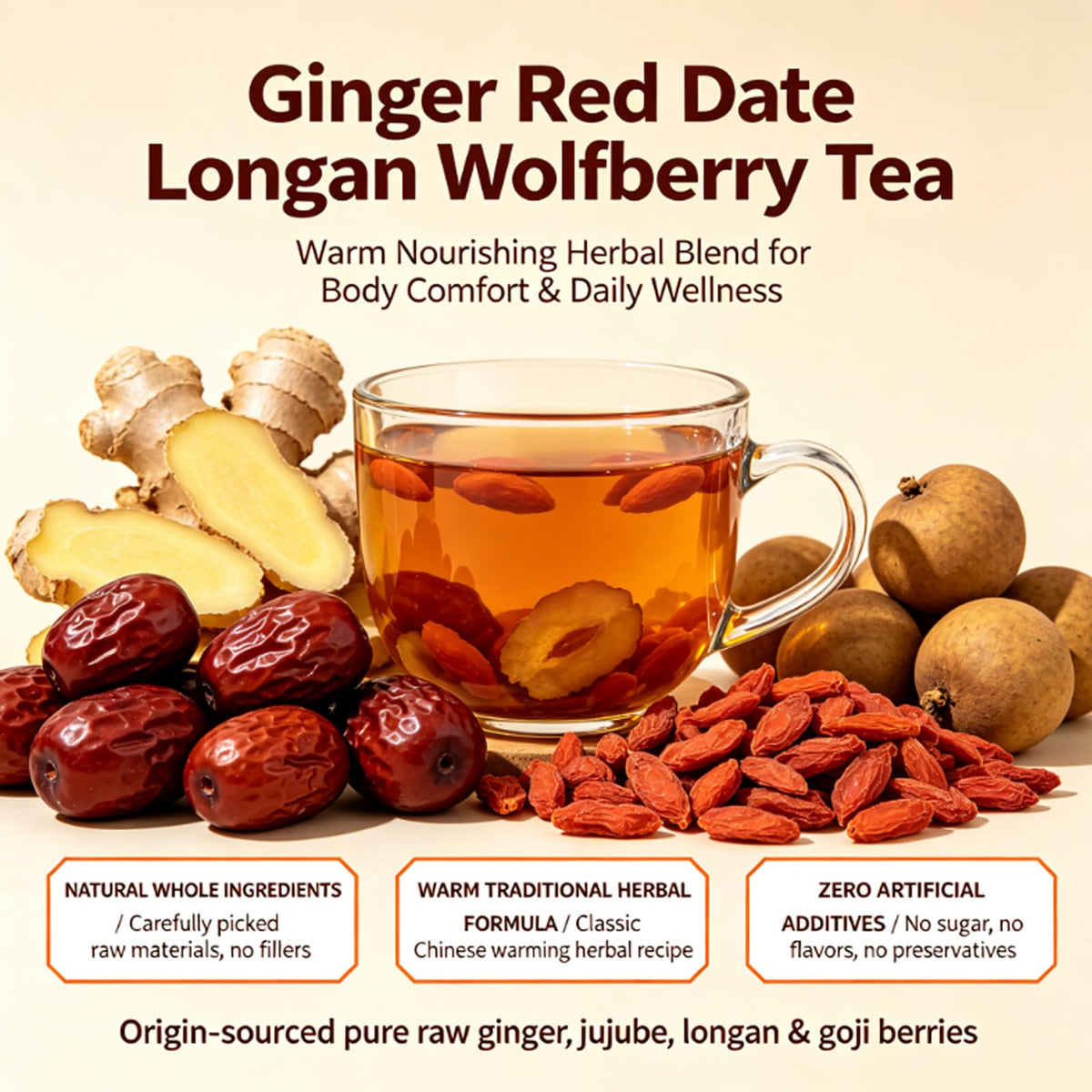 Harbique Organic Ginger Herbal Tea with Jujube(Red Date), Goji Berry & Longan – Caffeine Free Wellness Tea for Women, 25 Ct