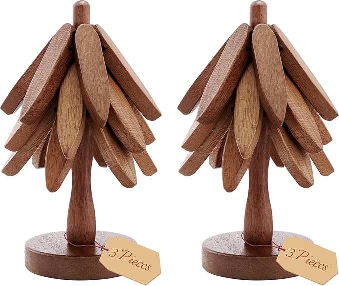 Wooden Tree Trivets for Hot Dishes, 6 Wooden Trivet + 2 Stand Natural Wooden Coaster for Hot Dishes, Pot, Bowl, Teapot, Hot Pot Holders, 6 Foldable Christmas Tree-Shaped Trivets