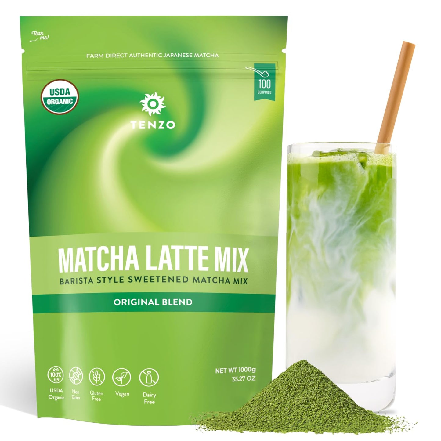 Tenzo Matcha Green Tea Powder, Organic Cafe Sweetened Matcha Latte Green Tea Powder, Ceremonial Barista Crafted Mix - Au