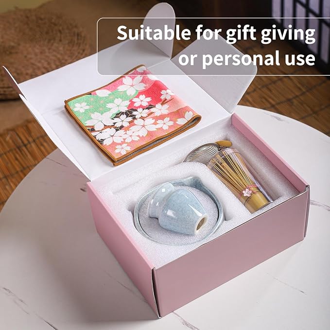 Handcrafted Matcha Bowl Set 8pc - Japanese Style Ceramic Chawan Tea Cups with Floral Art & Wavy Rim | Complete Matcha Tea Ceremony Kit in Premium Gift Box (blue)