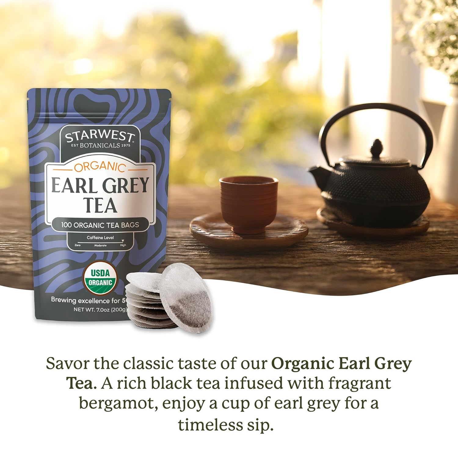Starwest Botanicals Organic Earl Grey Tea - Caffeinated Herbal Blend with Black Tea & Bergamot, Enjoy Hot or Cold, String Free Sachets, USDA Organic, Non GMO - Bulk Pack, 100 Bags
