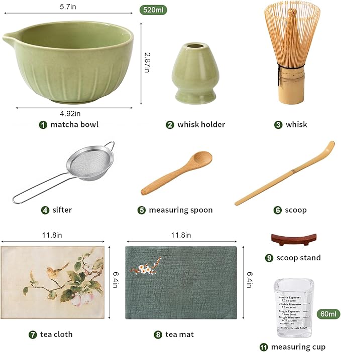 Matcha Whisk Set,10pcs Green Matcha Set for Ceremony,Matcha Whiskey and Rack,Ceramic Bowl,Spoon,Rack,Tea Sieve,Measuring Cup,Tea Scoop,Tea Towels and Mat,Tea Making Tools Gift for Matcha Lovers