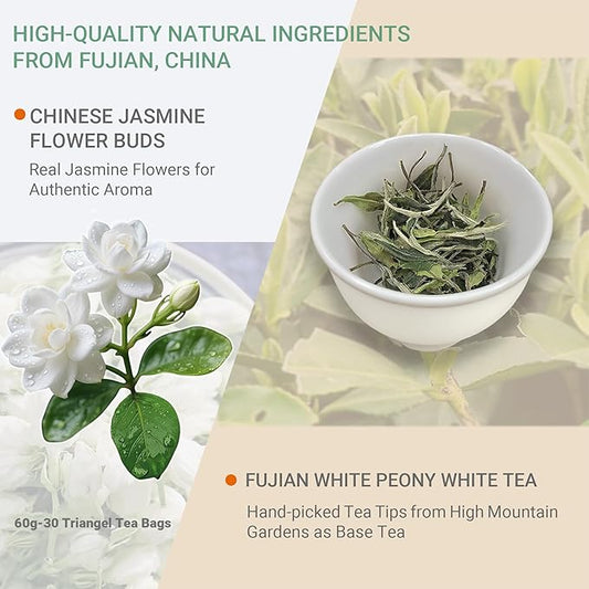 ADMIRINGAZELAND Jasmine White Tea Bags, Fujian White Peony Tea & Jasmine Flowers Blend,Chinese Tea Gift Set, 30CT (2.1OZ)