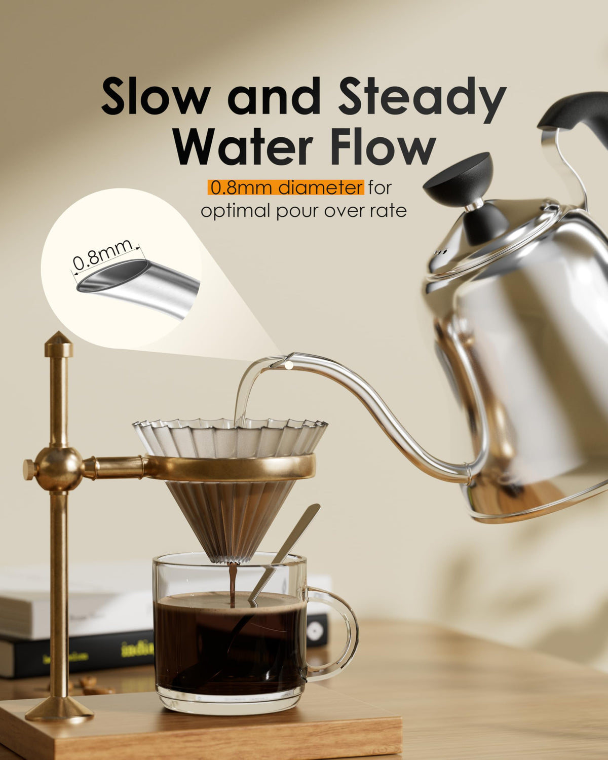 Chefbar Tea Kettle for Stovetop, Gooseneck Pour Over, Flow Control, 28oz, Silver