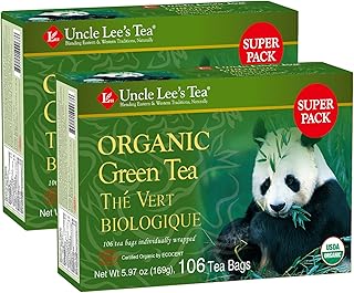 Uncle Lee's Organic Green Tea Bags 2-Pack, 106-Count Super Packs – Bright & Refreshing, Lightly Caffeinated Bulk Tea for Home, Office, Camping