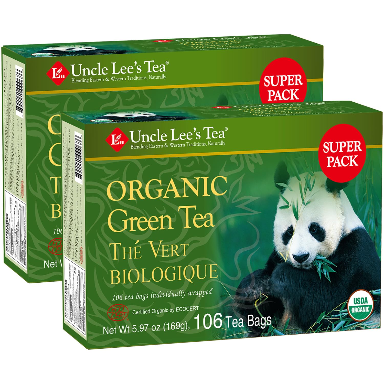 Uncle Lee's Organic Green Tea Bags 2-Pack, 106-Count Super Packs – Bright & Refreshing, Lightly Caffeinated Bulk Tea for Home, Office, Camping