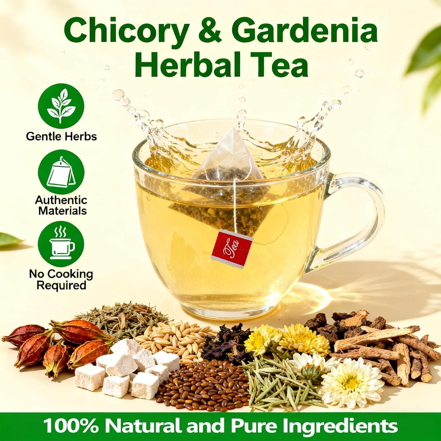 Chicory and Gardenia Tea, Liver and Kidney Detox, Nine Organic Herbal Ingredients, Sugar &amp; Caffeine Free Chinese Herbal Tea with Chicory, Gardenia, Dandelion Root for Wellness 300g (5g*60 Packs）