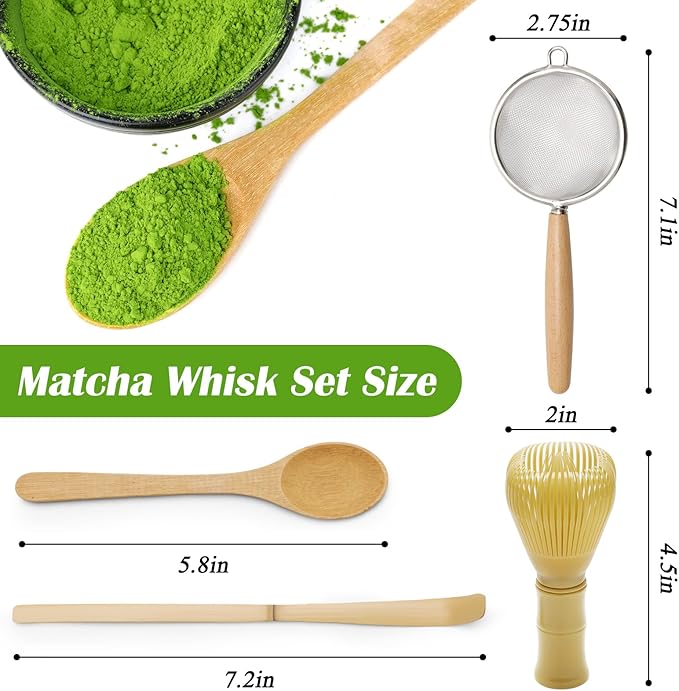 4pcs Matcha Whisk Set - Resin Matcha Whisk, Bamboo Tea Scoop and Tea Spoon, Stainless Steel Sifter Matcha Set Durable Matcha Kit Easy to Clean Matcha Tea Set, Traditional Matcha Starter Kit