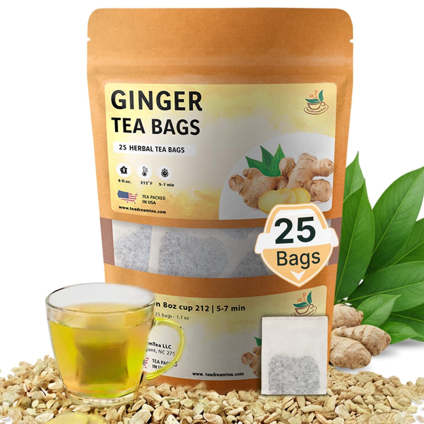 Ginger Tea Bags - 25 Bags - Premium &amp; Spicy Ginger Herbal Tea - Pure Natural Extract Caffeine-Free and Gluten-Free Herbal Tea from Real Flowers for Relaxation with Smooth Taste (25 count)