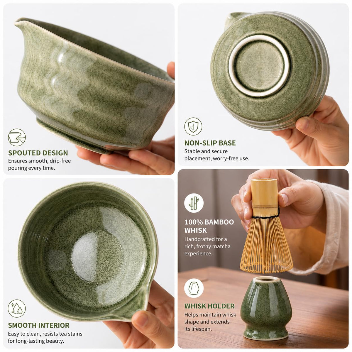 Buucup Matcha Set, Matcha Bowl with Spout, Matcha Whisk and Holder, Bamboo matcha Scoop and Stainless Sifter - 5 Pcs Jade