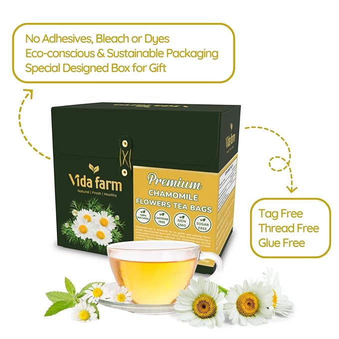 Vida Farm 100 Chamomile Tea Bags, Natural Chamomile Flowers Tea Bags, Dried Herbal Flowers, Sugar Free, Caffeine Free, Gluten Free