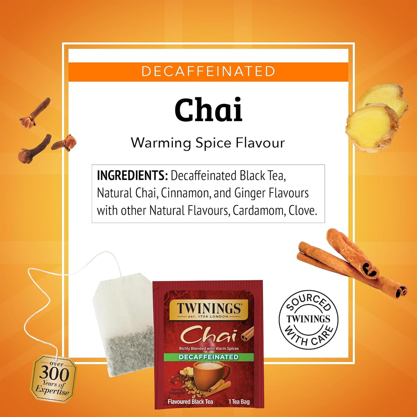 Twinings Decaffeinated Chai Spiced Black Tea Bags, 20 CT Box (6 Pack) | Sweet &amp; Savoury Cinnamon, Ginger, Cardamom &amp; Clove, Blended With Decaf Black Tea, 120 Foil Lined Individually Wrapped Bags