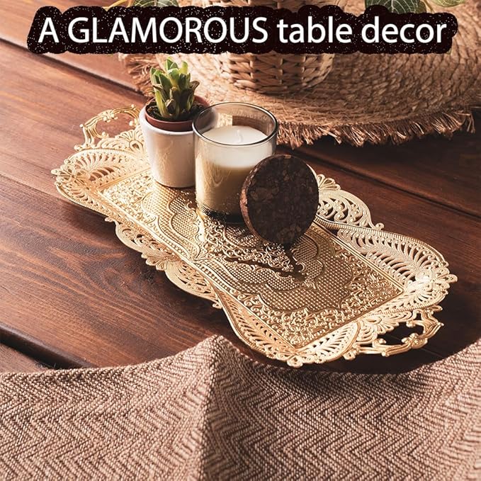 Small Gold Turkish Tea Coffee Serving Tray Table Decor Decorative Handles Rectangle