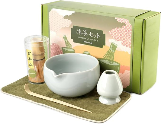 Matcha Whisk Set – Ceramic Matcha Set with Matcha Bowl, Matcha Whisk & Holder, Bamboo Scoop, Tea Towel – 5-Piece Japanese Matcha Kit for Matcha Lovers, Beginners & Gifting (Gray, 17oz)