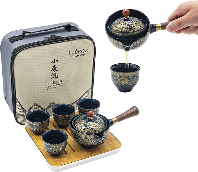 LURRIER Porcelain Chinese Gongfu Tea Set,Portable Teapot Set with 360 Rotation Tea maker and Infuser