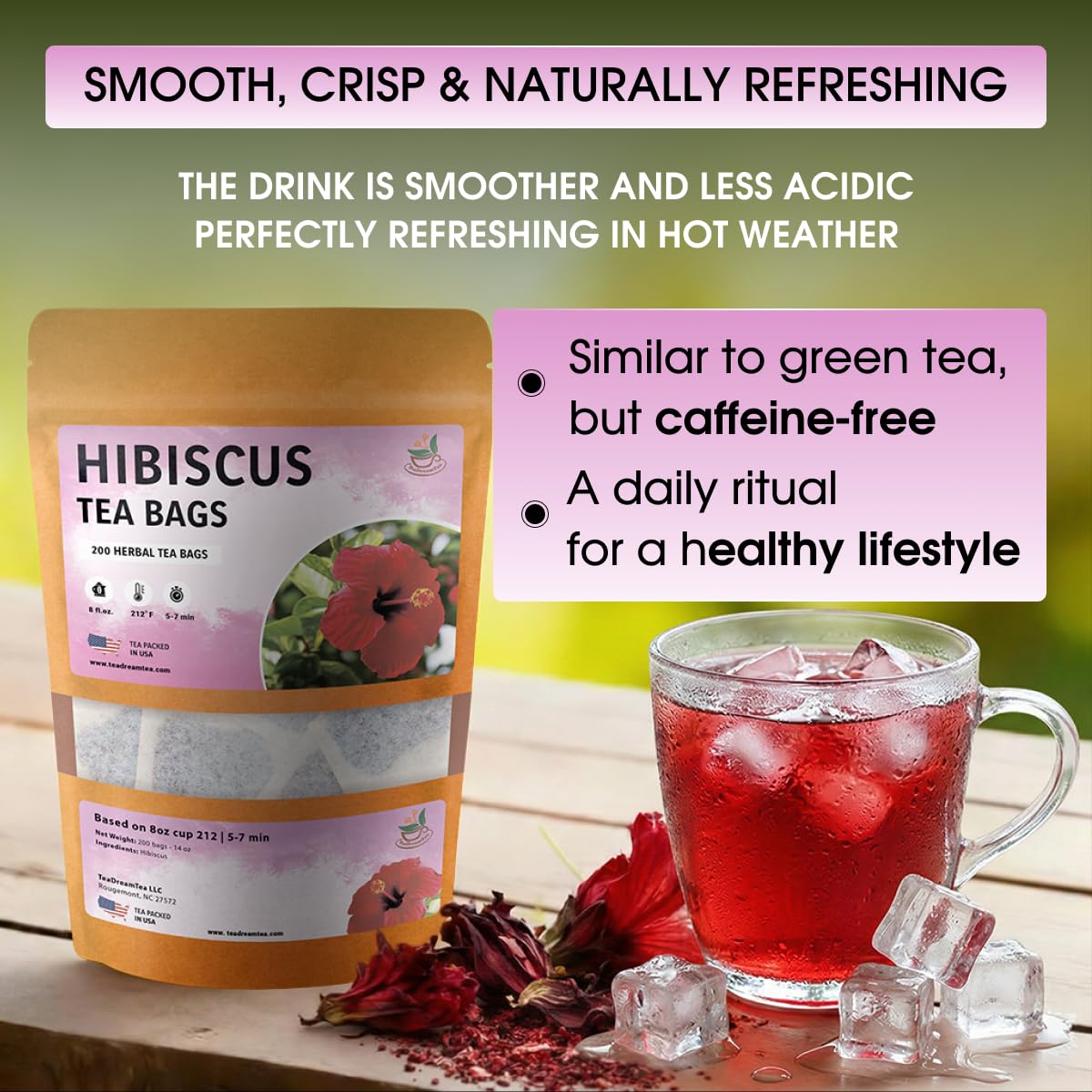 TeaDreamTea Hibiscus Tea Bags 200 Bleach-Free Tea Bags Caffeine Free Dried Hibiscus Flowers Hibiscus Flower Tea Dried Flower Tea Brew Hot or Iced Herbal Hibiscus Tea, 200 Count (Pack of 1)