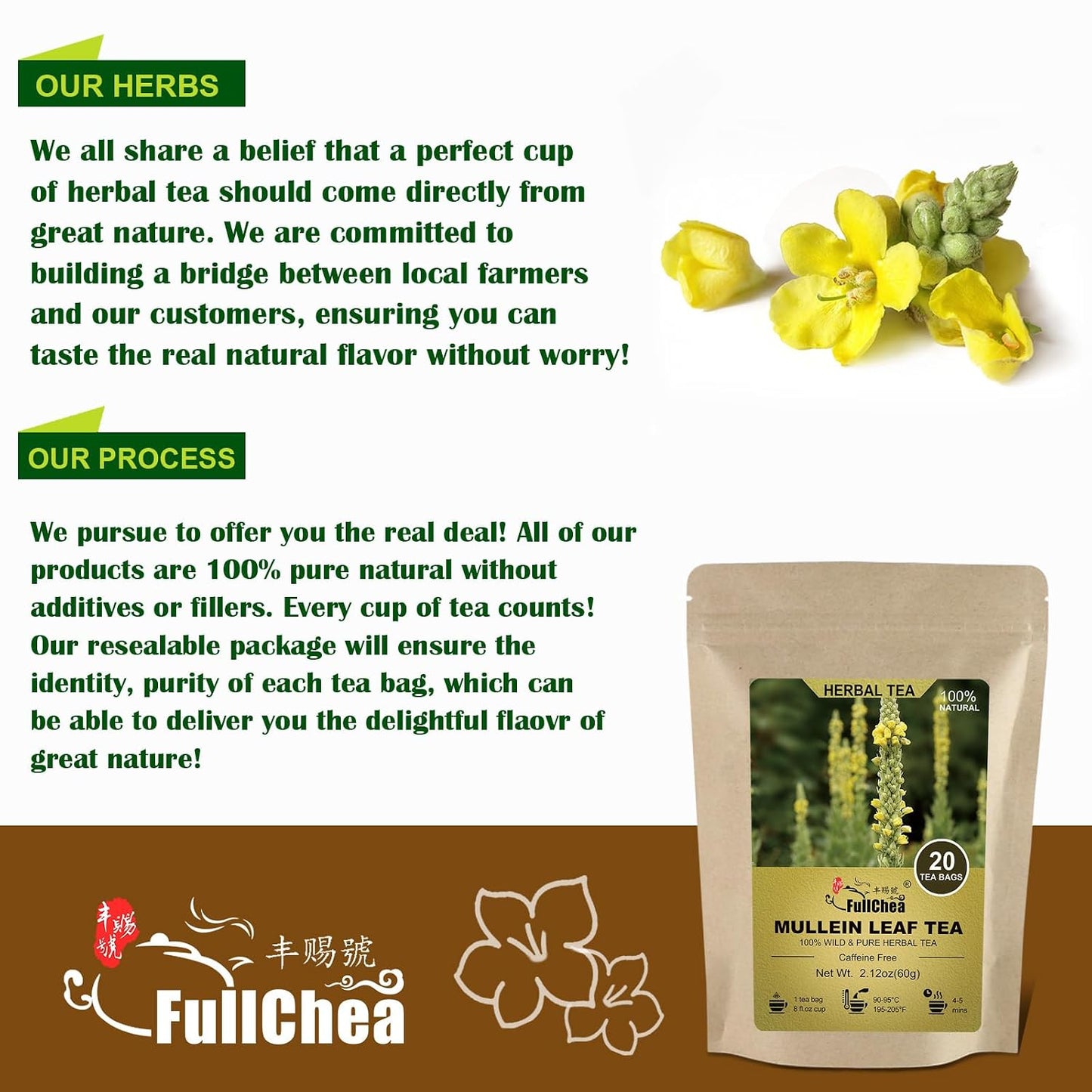 FullChea Mullein Tea Bags, 3g X 20 Count, Original Compression Technology