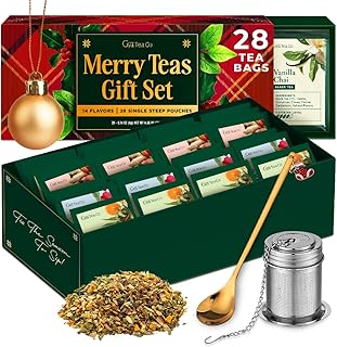 Gya Tea Co 14 Flavors Merry Tea Gift Set Variety Pack (28 Packs) - Assorted Loose Leaf Tea Sampler for Warm Holidays - Get Well Gifts With Infuser & Spoon