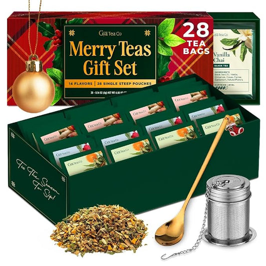 Gya Tea Co 14 Flavors Merry Tea Gift Set Variety Pack (28 Packs) - Assorted Loose Leaf Tea Sampler for Warm Holidays - Get Well Gifts With Infuser & Spoon