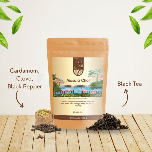 Tealeaf &amp; Co. Masala Chai - Loose Leaf Black Tea Blended with Organic Spices (Ginger, Cardamom, Black Pepper &amp; Cloves Whole Organic) - Low Caffeine (3.52oz/100gm)