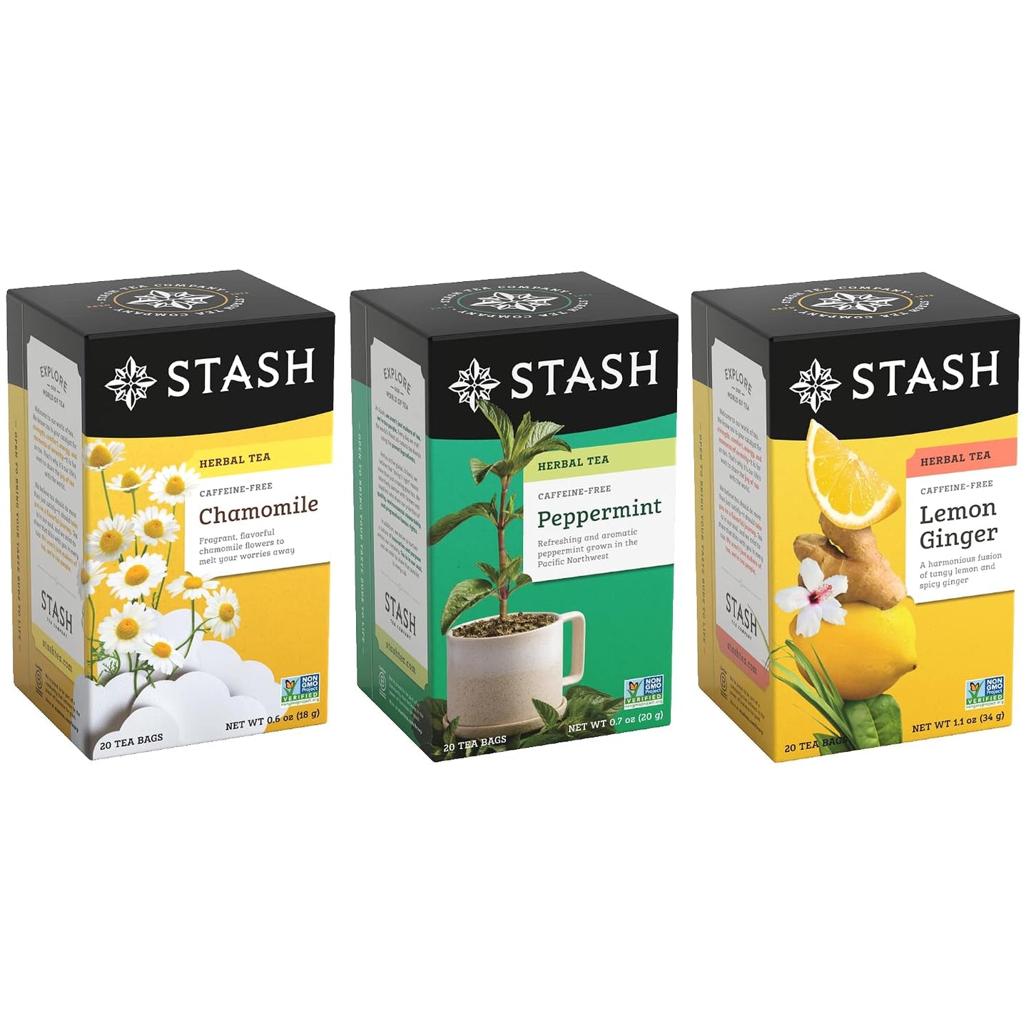 Stash Tea Comfort Classics Herbal Tea Sampler - Assortment of Non-Caffeinated Teas Including Peppermint, Chamomile and Lemon Ginger Teas, 18-20 Count (Pack of 3)