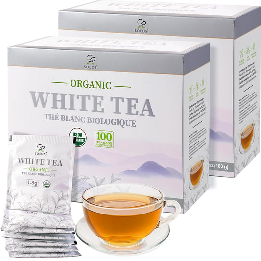 Soeos Organic White Tea, 100 Tea Bags, Pack of 2, Total 200 Teabags, Individually Wrapped Teabags, Low Caffeine, Subtle Floral Aroma &amp; Smooth Taste, Quality Tea for Everyday Brewing, Perfect for Hot or Iced Tea Lovers, 6.3oz (180g) of Each