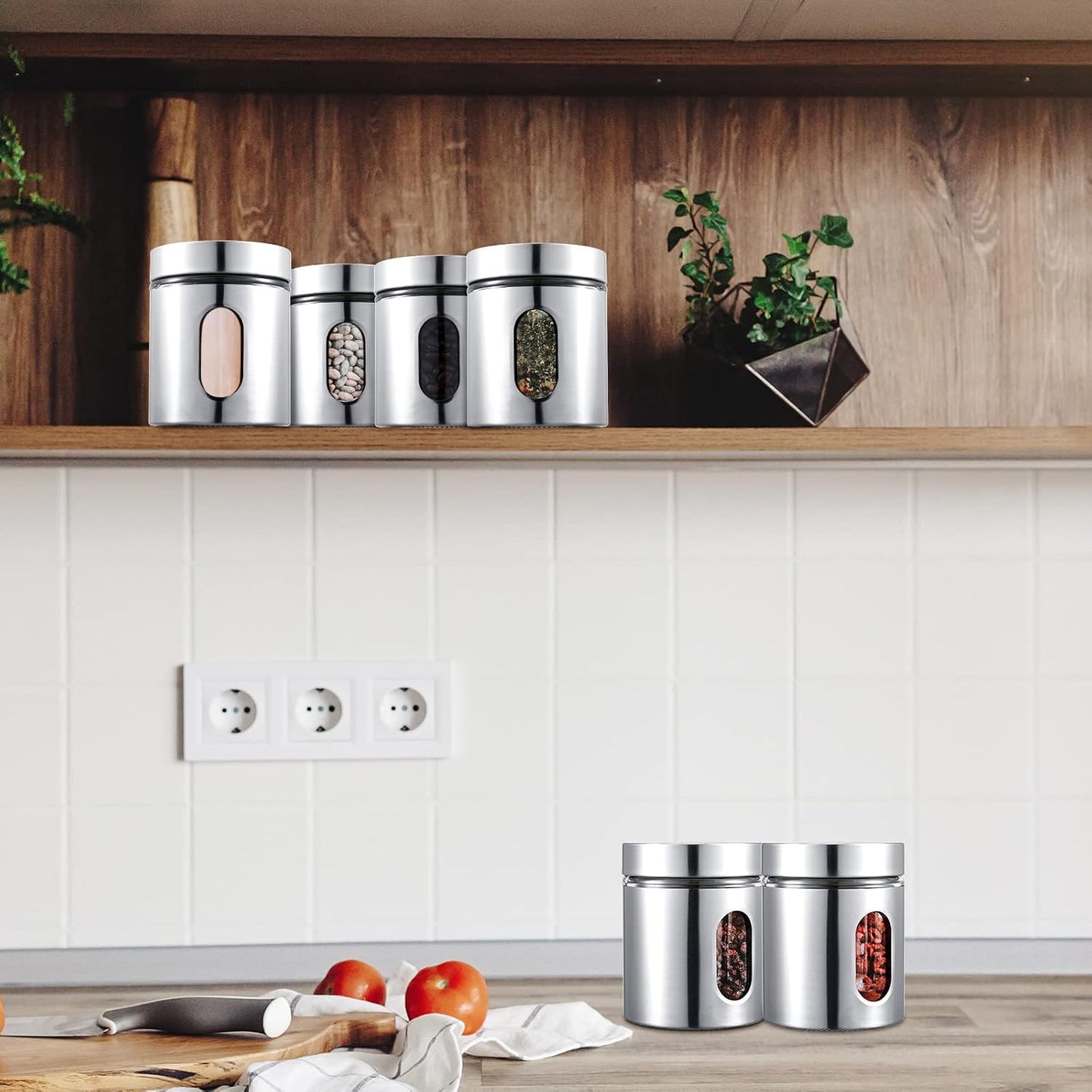 Mimorou 6 Pack 20 oz Airtight Stainless Steel Kitchen Canisters, Silver | Set Window Canister Jars, Coffee Tea Sugar, Quick Refill Check, Pantry Organization, Countertop Storage, Spice and Candy Jars