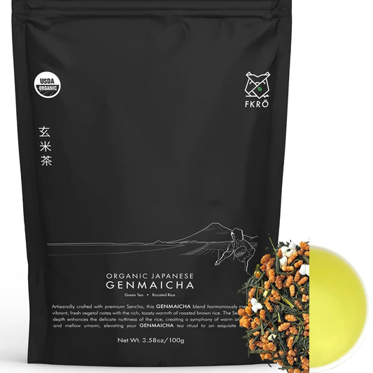FKRO Organic Genmaicha | Japanese Roasted Rice Green Tea | Loose Leaf Premium Sencha Blend with Roasted Rice | Low Caffeine | Freshly Flown from Japan Monthly (100g/3.5oz Pouch)
