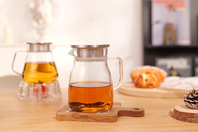 Cnglass One-Touch Glass Teapot, 27oz(800ml) Glass Tea Kettle with Stainless Steel Filter Lid, Stovetop Safe Loose Leaf Tea Maker