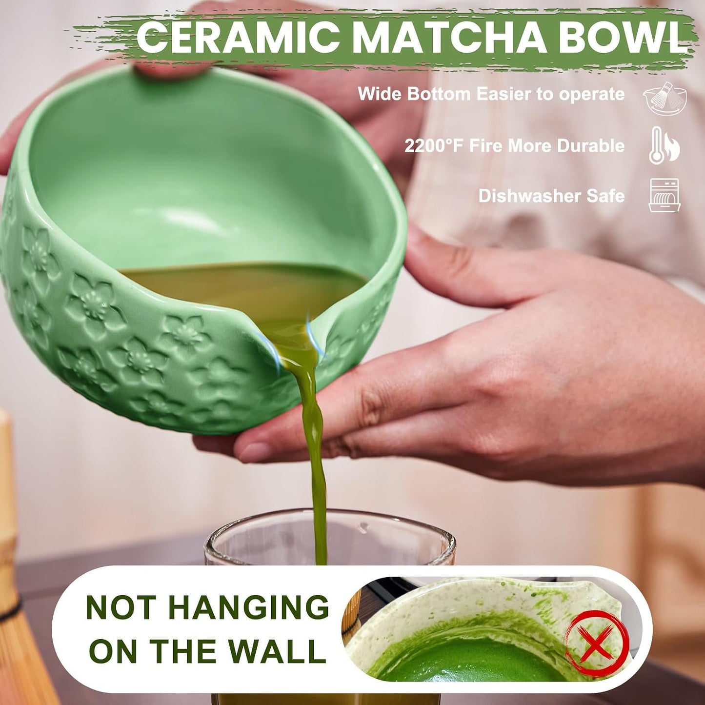 Matcha Whisk Set, Sakura Cyan Ceramic Matcha Set Includes Matcha Bowl, Matcha Whisk (Chasen) and Holder, Sifter, Bamboo Scoop &amp; Spoon - 6 Pcs Matcha Kit for Matcha Lovers