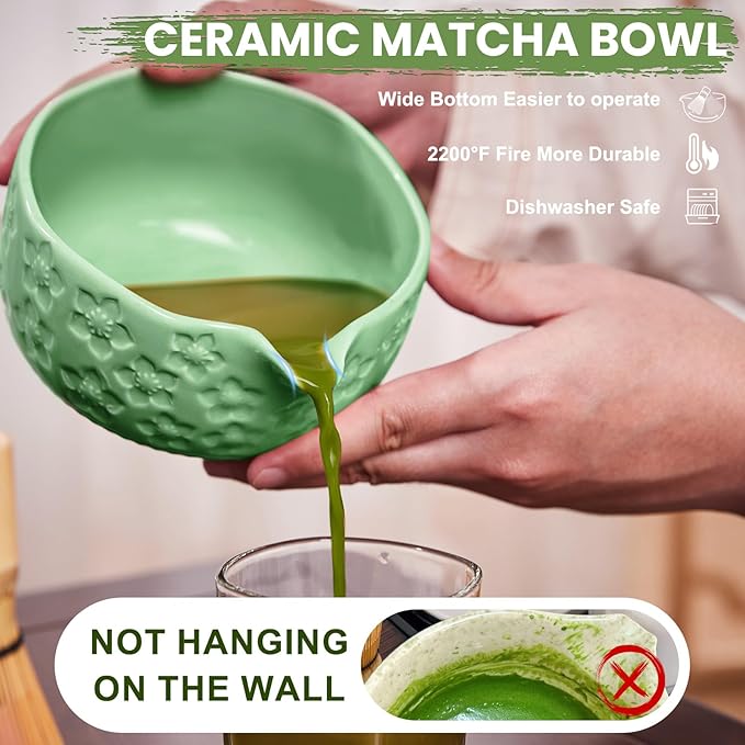 Matcha Whisk Set, Sakura Cyan Ceramic Matcha Set Includes Matcha Bowl, Matcha Whisk (Chasen) and Holder, Sifter, Bamboo Scoop & Spoon