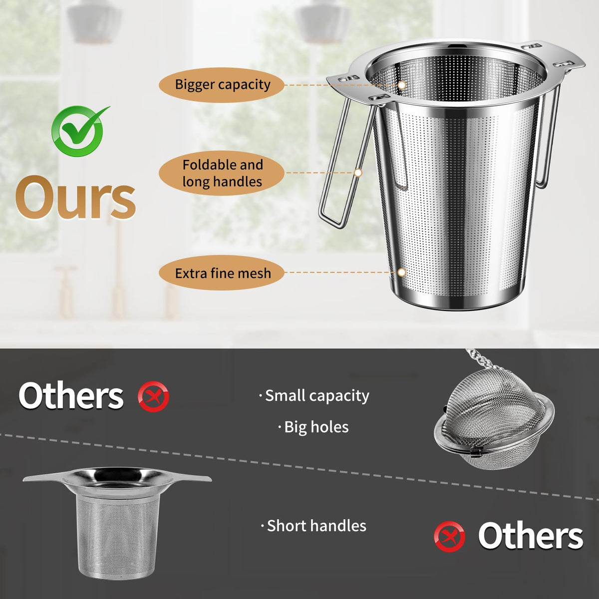 2Pack Long-Handled Tea Strainer, BOMANSI BOMS Stainless Steel Tea Infuser Basket Sitting in Mugs, Tea Infusers for Loose Tea