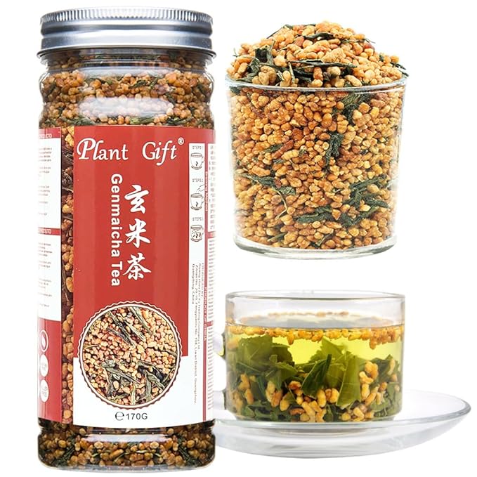 Plant Gift Genmaicha Tea, 玄米茶 Genmai-cha Green Tea with Roasted Rice, Genmaicha - Japanese Loose Leaf Tea - Gen Mai Cha Green Tea, Caffeine Level Low 170G/6oz