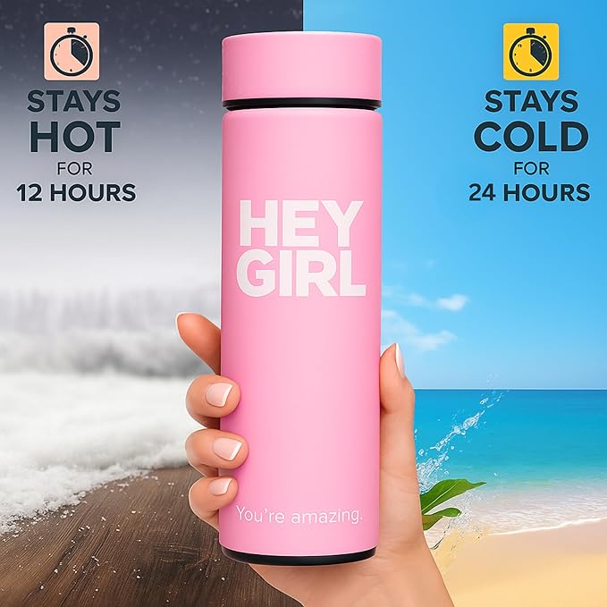 Hey Girl Tea Infuser Bottle 450ml - Insulated Stainless Steel Water Bottle - Tea Tumbler with Tea Diffuser
