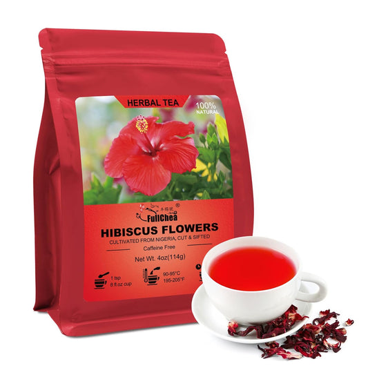 FullChea Hibiscus Loose Leaf Tea, 4oz Dried Hibiscus Flowers, Non-GMO | Flor de Jamaica, Caffeine-Free, Hot &amp; Ice Herbal Tea, Support Digestion &amp; Boost Immunity, No Additives, Resealable Pouch