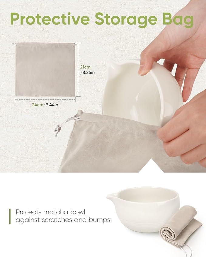 Matcha Bowl with Spout, Ceramic Matcha Tea Bowl (Chawan), Traditional Matcha Mixing Bowl for Whisking Matcha, Ivory White (18 Ounce)