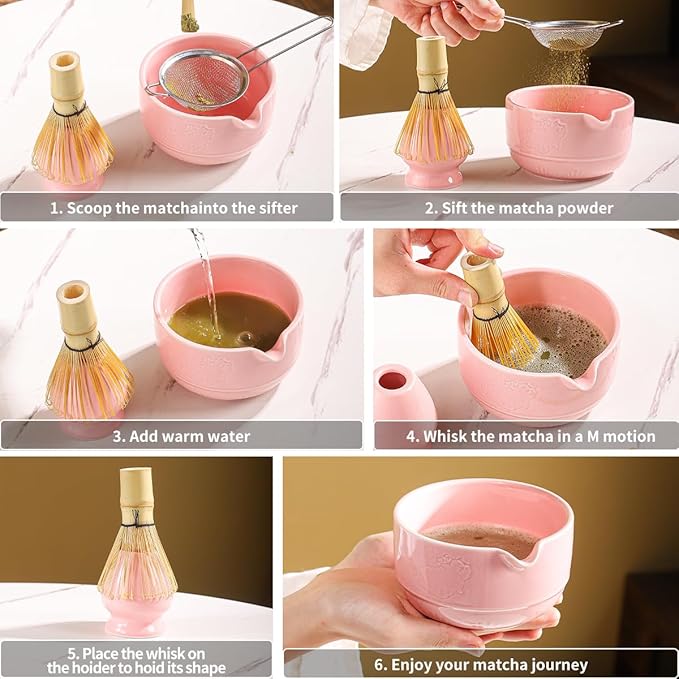 Matcha Tea Set, 5-Piece Ceramic Matcha Bowl & Whisk Kit with Cute Cat Pattern, Traditional Japanese Chawan, Scoop & Sifter, Perfect for Tea Ceremony