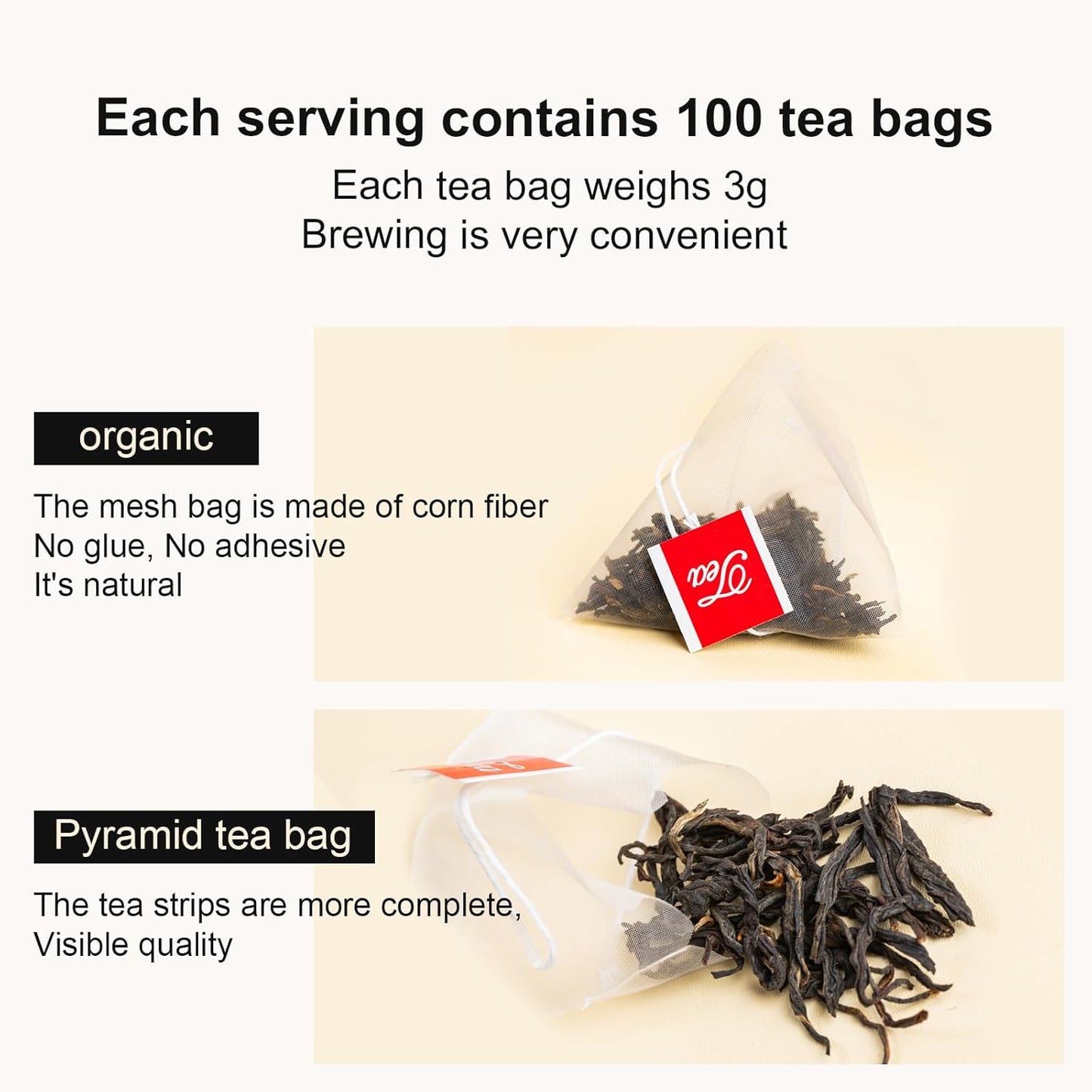 XIHETANK Black Tea Bags - 100 Count Individually Wrapped for Fresh & Smooth Taste. Ancient Tree Chinese Black Tea for Hot or Iced Brewing. Bulk Sweetness & 100% Natural Breakfast Tea Bags.