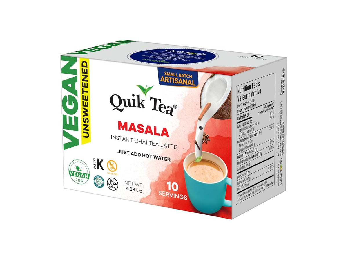 QuikTea Vegan Instant Chai Tea Latte Mix, Masala, Unsweetened, 10 Sachets