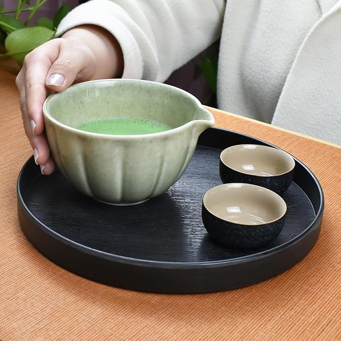 Artcome 4 Pcs Japanese Matcha Tea Set - Matcha Bowl with Pouring Spout, Matcha Whisk, Tea Scoop, Whisk Holder, Handmade Matcha Ceremony Kit For Japanese Tea Ceremony, Mottled Green