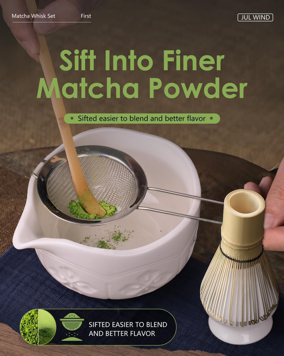 Matcha Whisk Set, Matcha Set Includes Bamboo Whisk, Ceramic Bowl | Holder, Spout, Bamboo Scoop, Sifter &amp; Tea Towel - 6 Pcs Matcha Kit Gift for Matcha Lovers Beginners